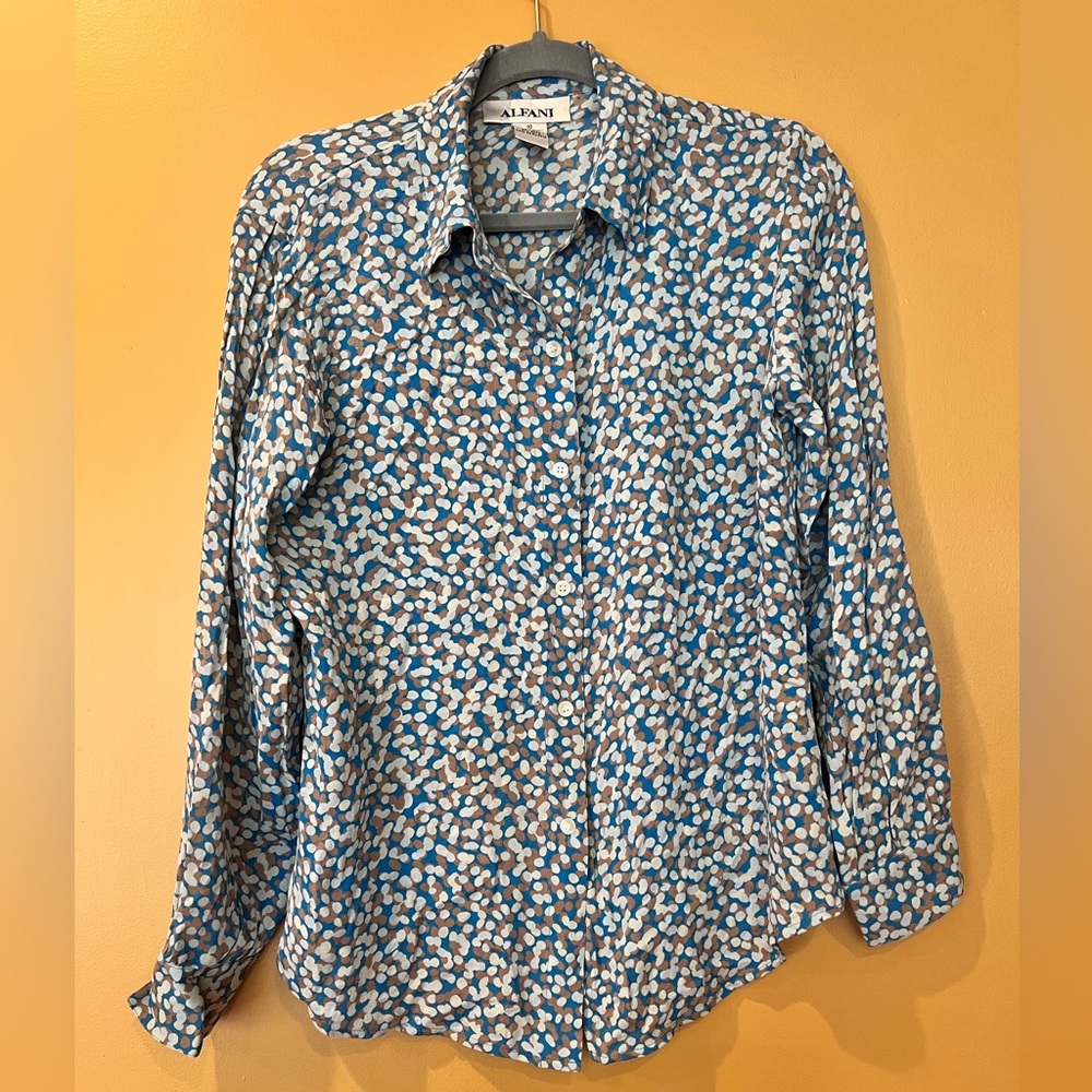 Alfani Light Blue Tan Geometric Print Silk Long Sleeve Button Down Shirt